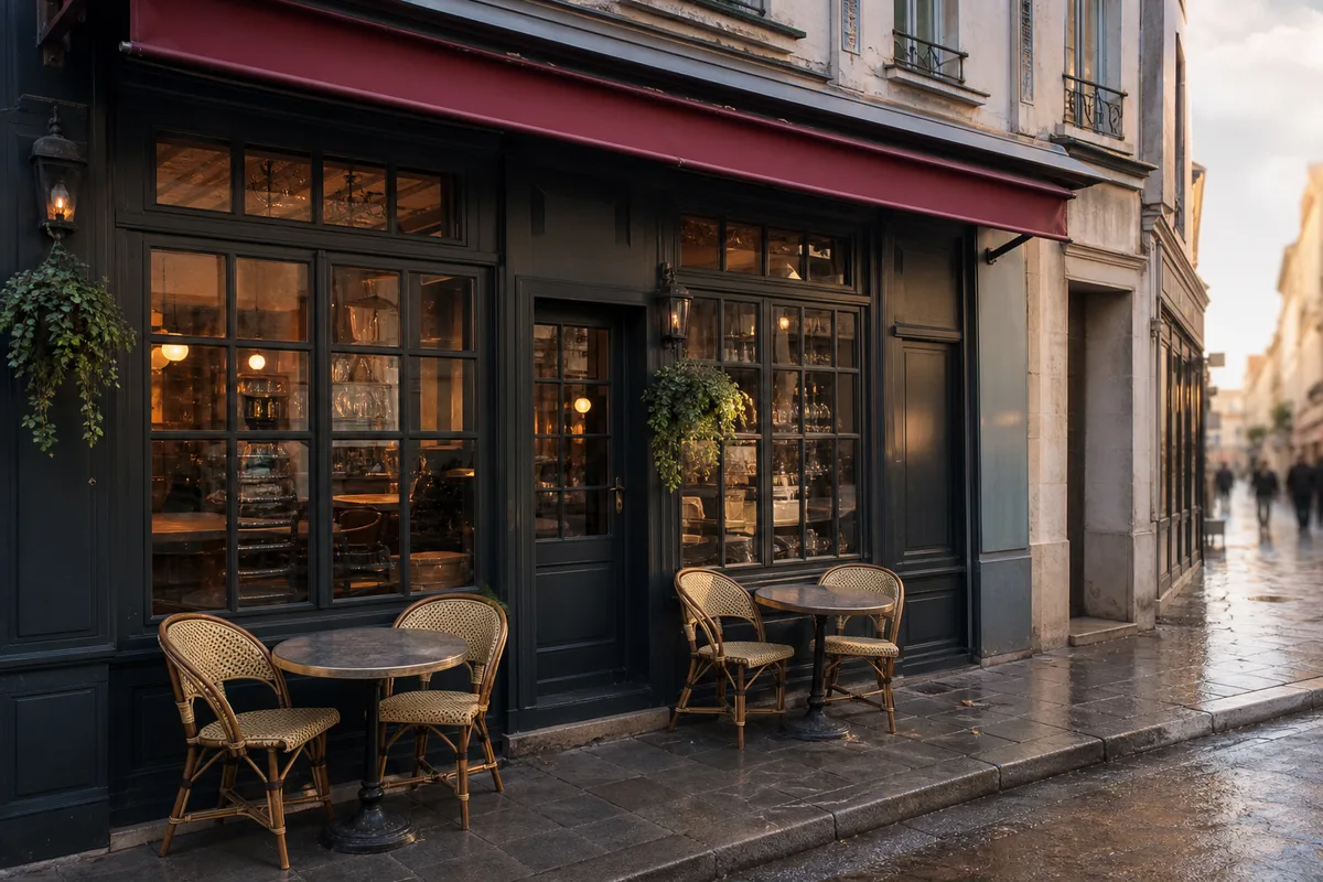 Façade de bistrot parisien avec devanture bois et petite terrasse en trottoir