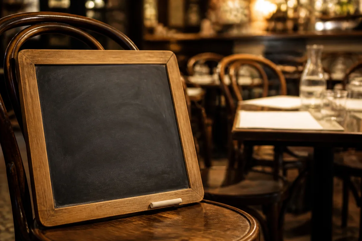 Ardoise du jour posée sur une chaise dans une petite salle de bistrot