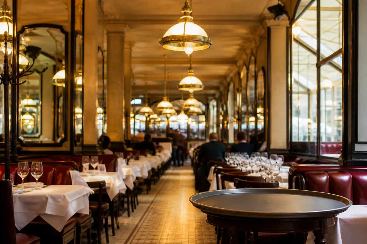 Salle de brasserie aux banquettes rouges et miroirs, tables dressées en enfilade