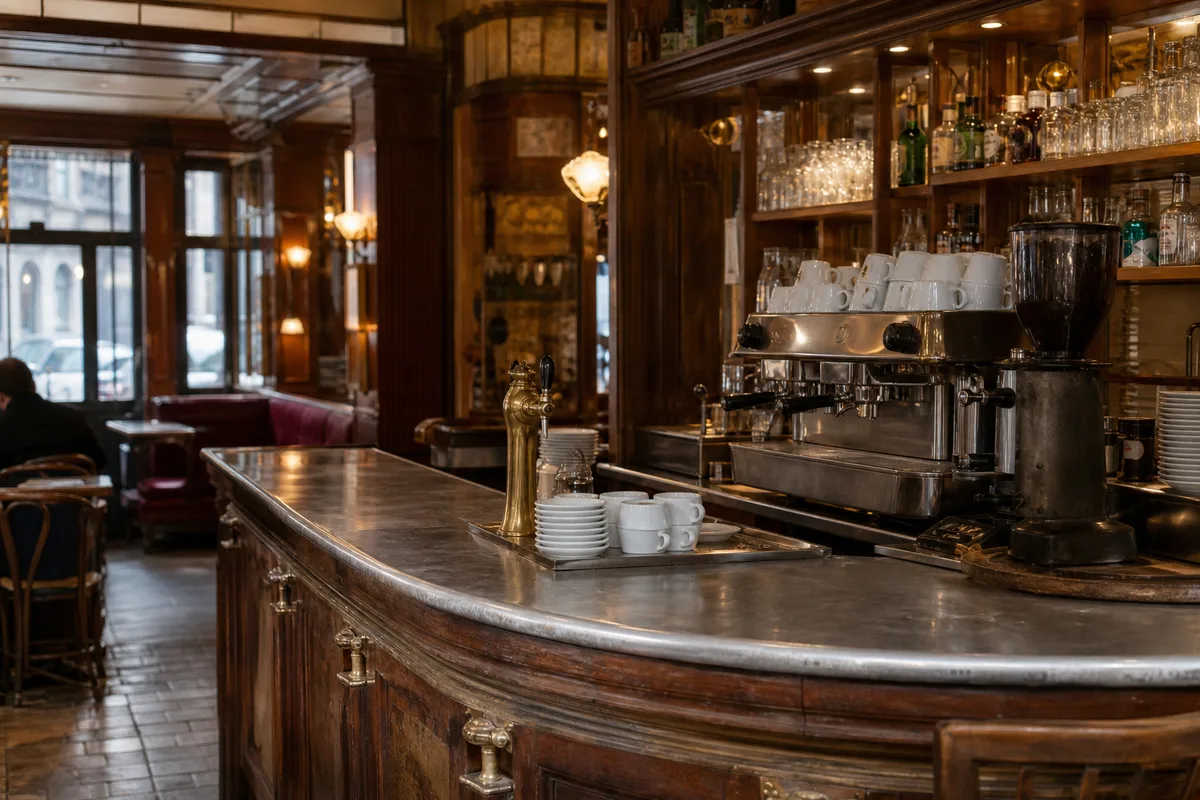 Comptoir de café en bois et laiton avec percolateur et tasses empilées