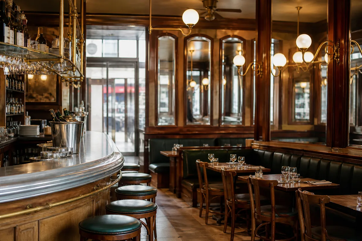 Salle de brasserie avec banquettes de moleskine et miroirs muraux