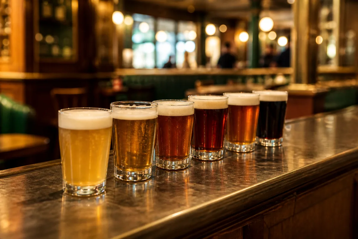 Verres de dégustation alignés sur un comptoir lors d’un salon de la bière