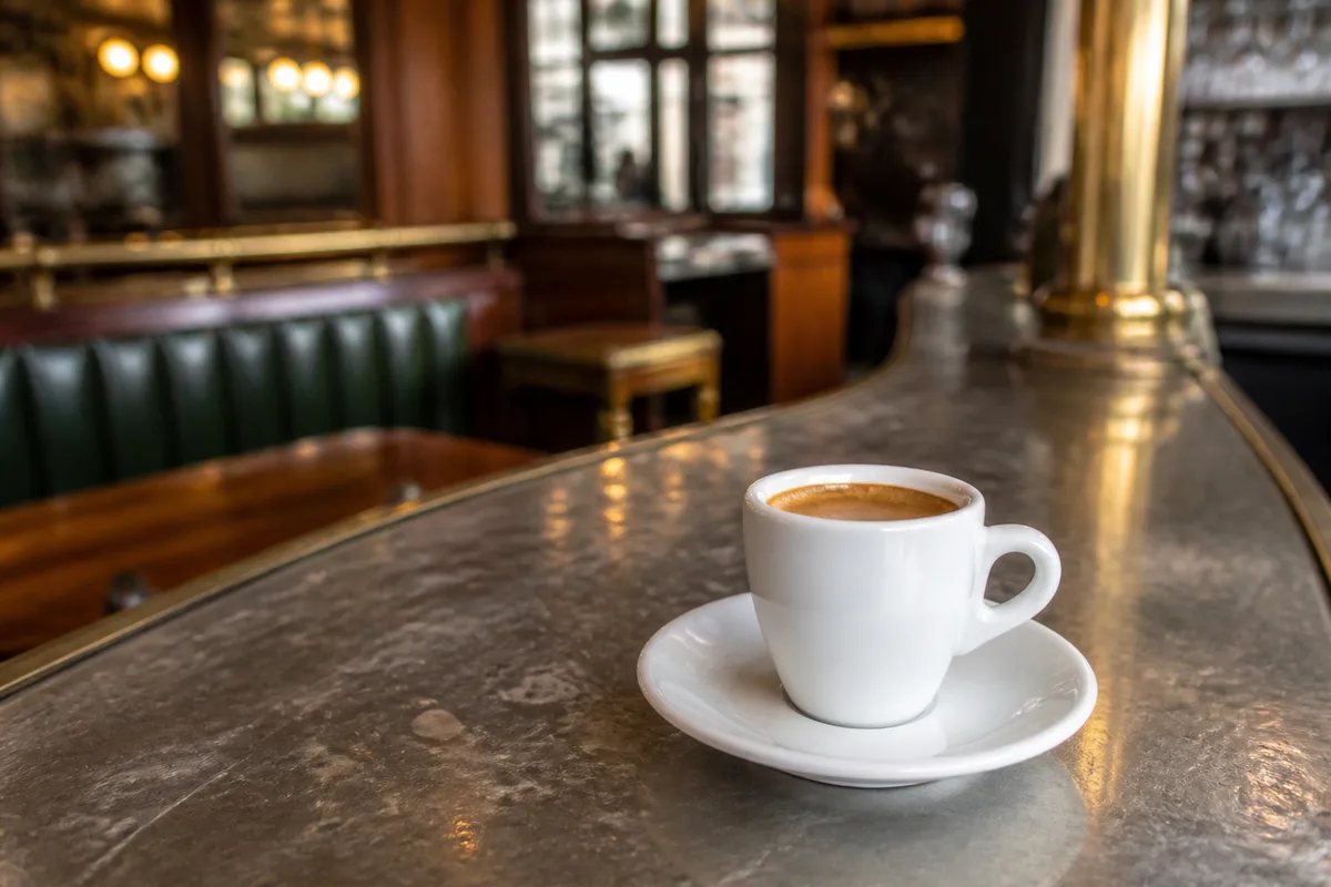 Tasse de café expresso posée sur le zinc avec une soucoupe blanche