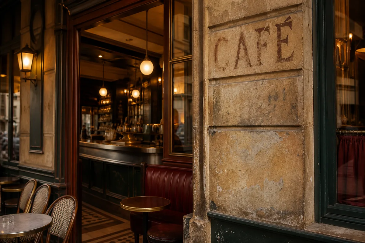 Enseigne de café ancienne en lettres peintes sur une façade de pierre