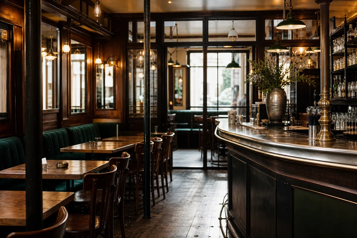 Salle de brasserie de quartier avec banquettes et tables serrées