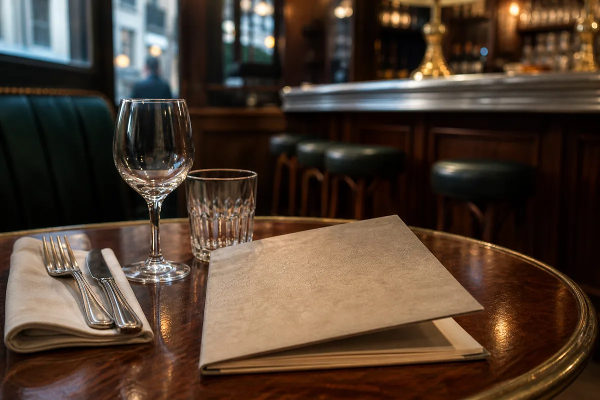 Carte de brasserie posée sur une table de bistrot avec couverts et verre