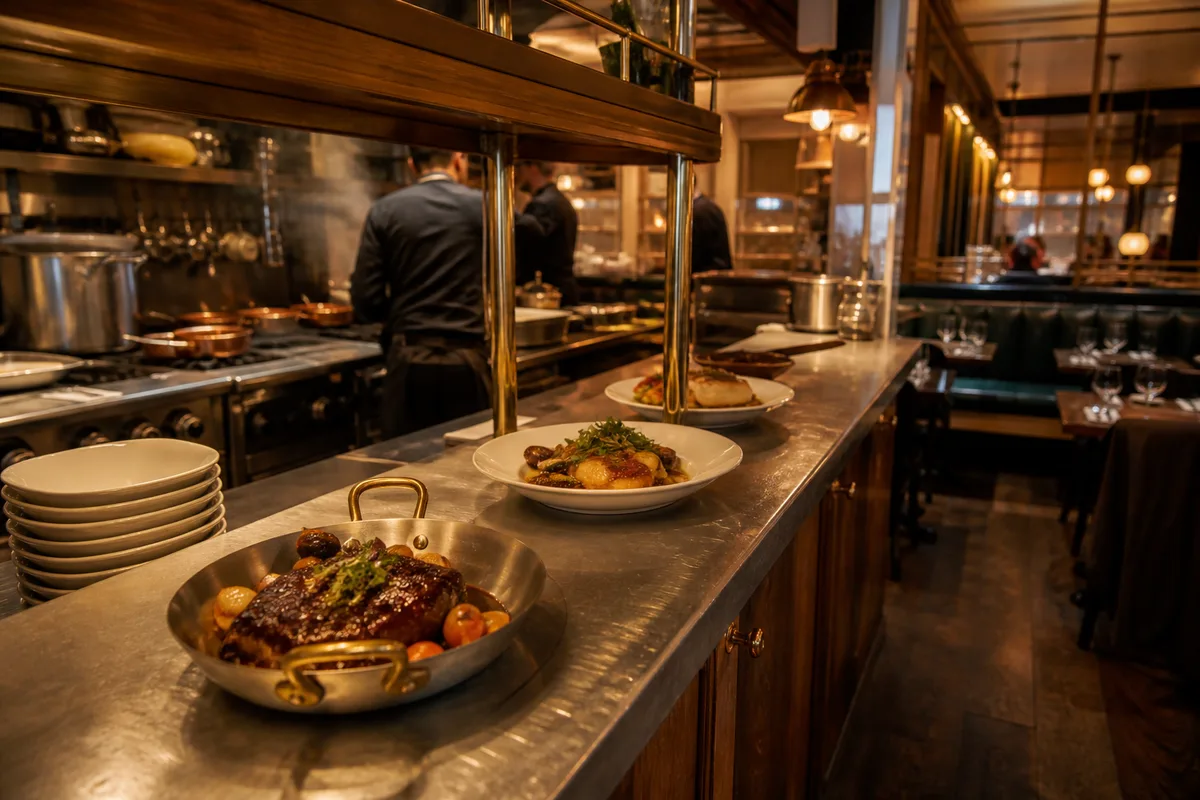 Cuisine ouverte de brasserie avec plats en cours d&rsquo;envoi au passe