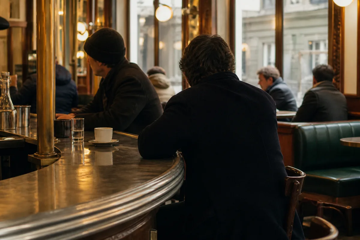 Clients accoudés à un comptoir de café en fin de matinée