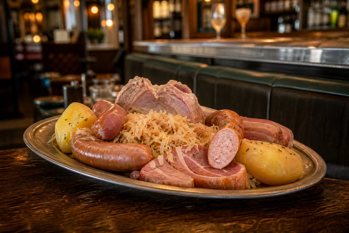 Choucroute garnie servie dans un plat de brasserie avec charcuteries