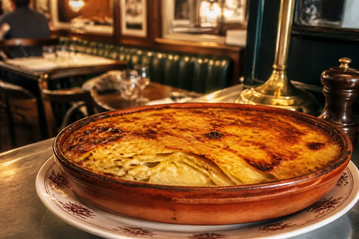 Gratin dauphinois doré servi dans un plat en terre cuite
