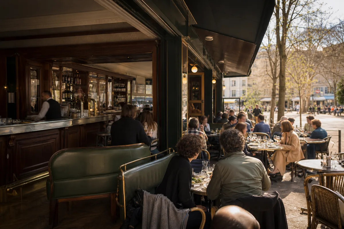 Terrasse de brasserie animée un dimanche midi sur une place grenobloise
