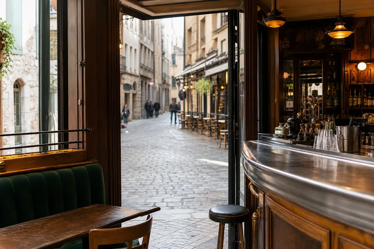 Rue pavée du vieux Grenoble avec devantures de cafés en fin de matinée